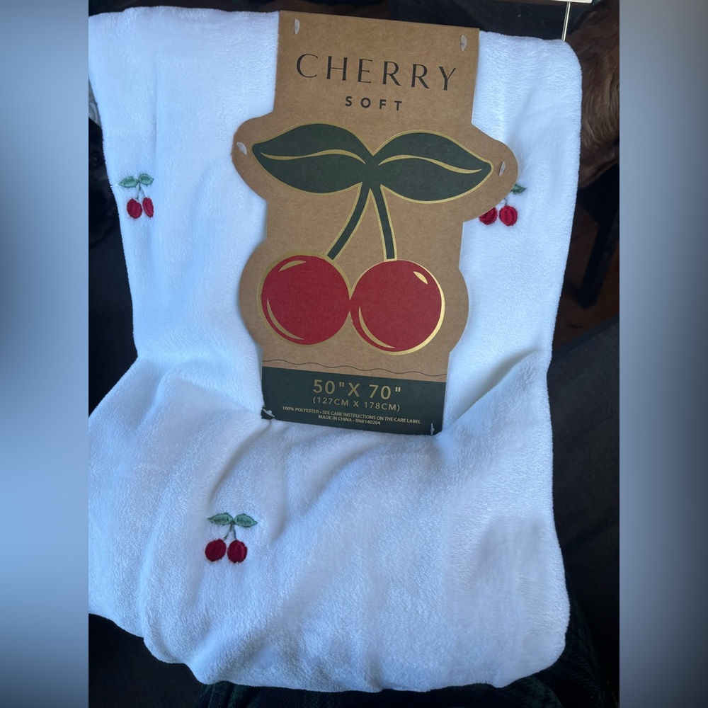 White Blanket with Cherry Embroidery
